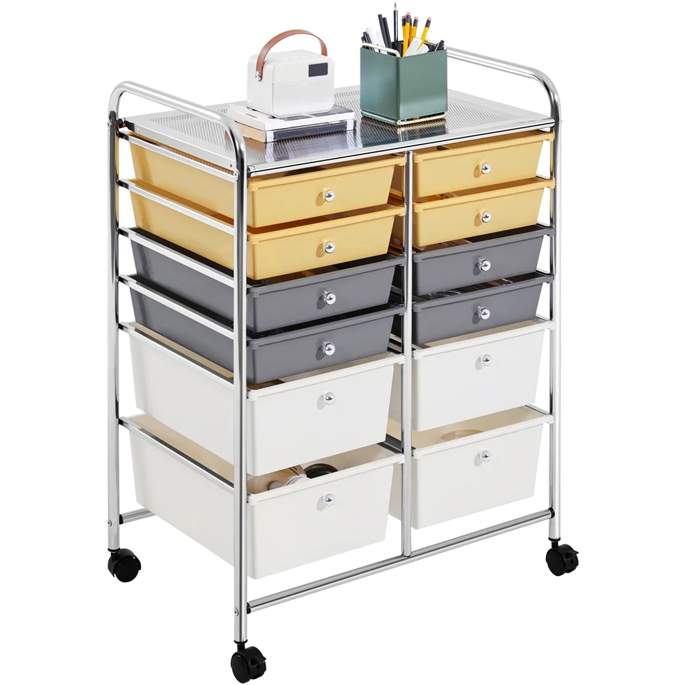 Smile Mart 12 Drawers Rolling Storage Bin with Metal Frame & Lockable Wheels, Yellow/Grey/Beige