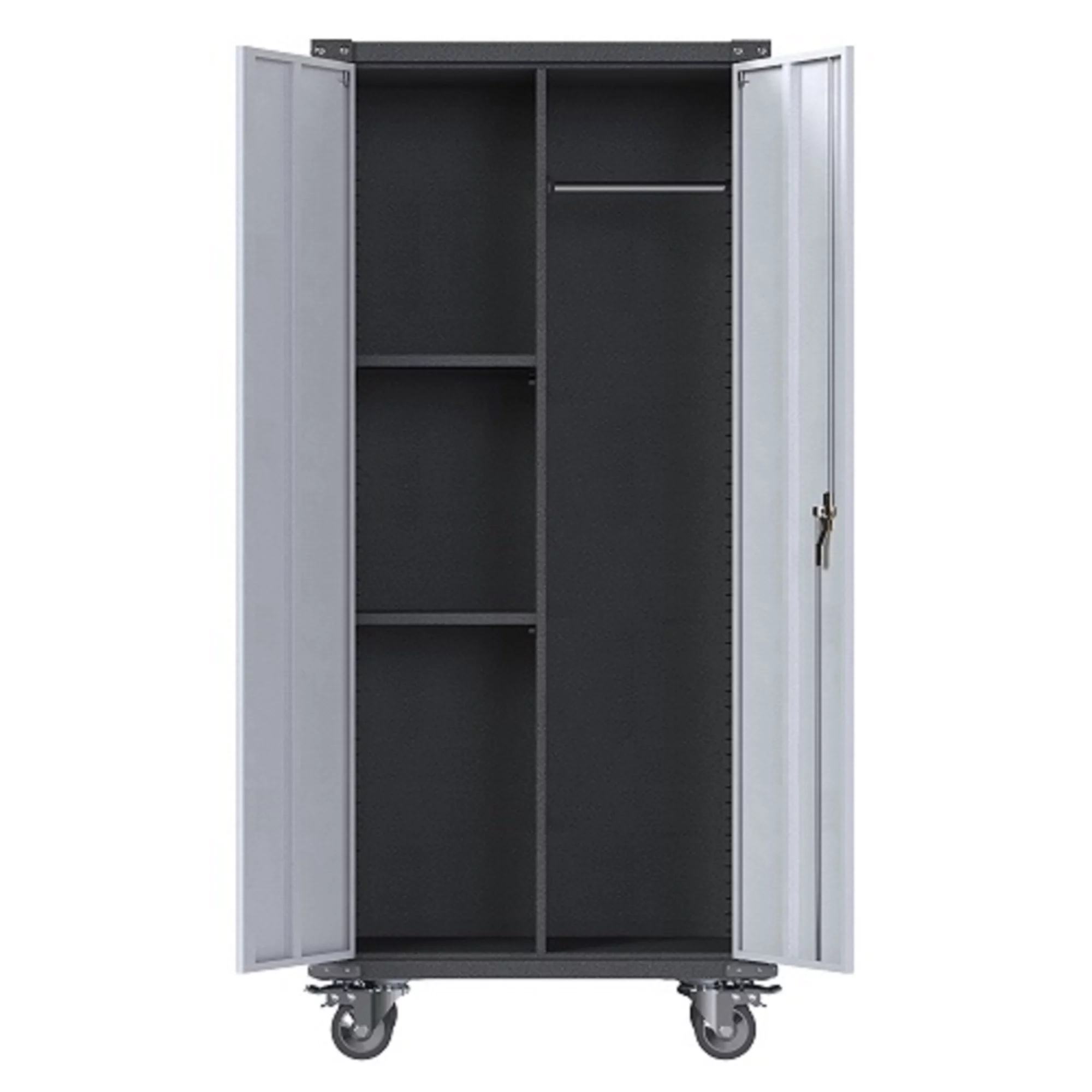 Supeer Metal Rolling Storage Cabinet with Hanging Rod, Large Steel Utility Tool Storage Cabinets with 2 Shelves & Locking Doors, Garage Cabinets for Tool Storage, Assemble Required(Handle)