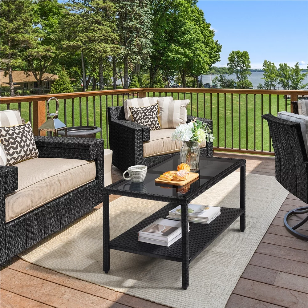 SMILE MART Wicker Rectangular Coffee Table with Tempered Glass Top for Outdoor, Gray