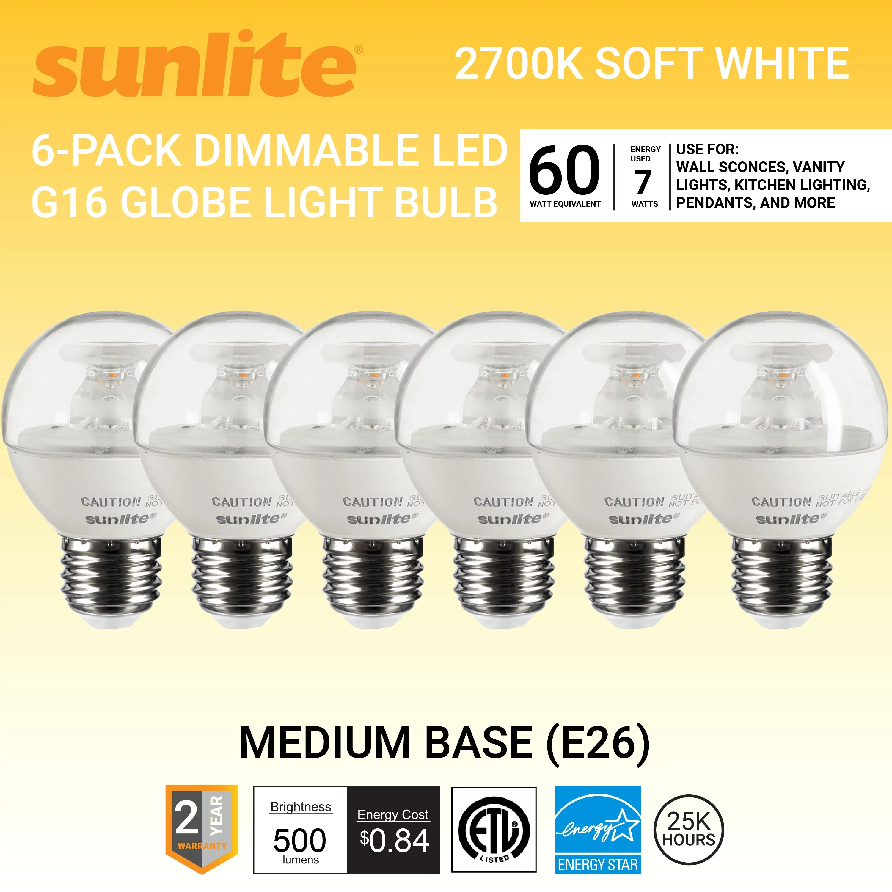 Sunlite LED G16 Globe Light Bulb, 7 Watts (60W Equivalent), Medium E26 Base, Dimmable, Clear, UL Listed, 2700K Warm White, 6-Pack