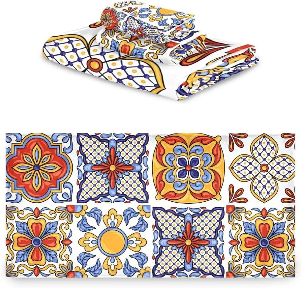 Hyjoy Mexican Talavera Ceramic Tile Towel Set Absorbent Soft 3-Piece Bath Towel Hand Towel Washcloth Decorative Towels for Bathroom Gym Hotel Beach Swimming Pool