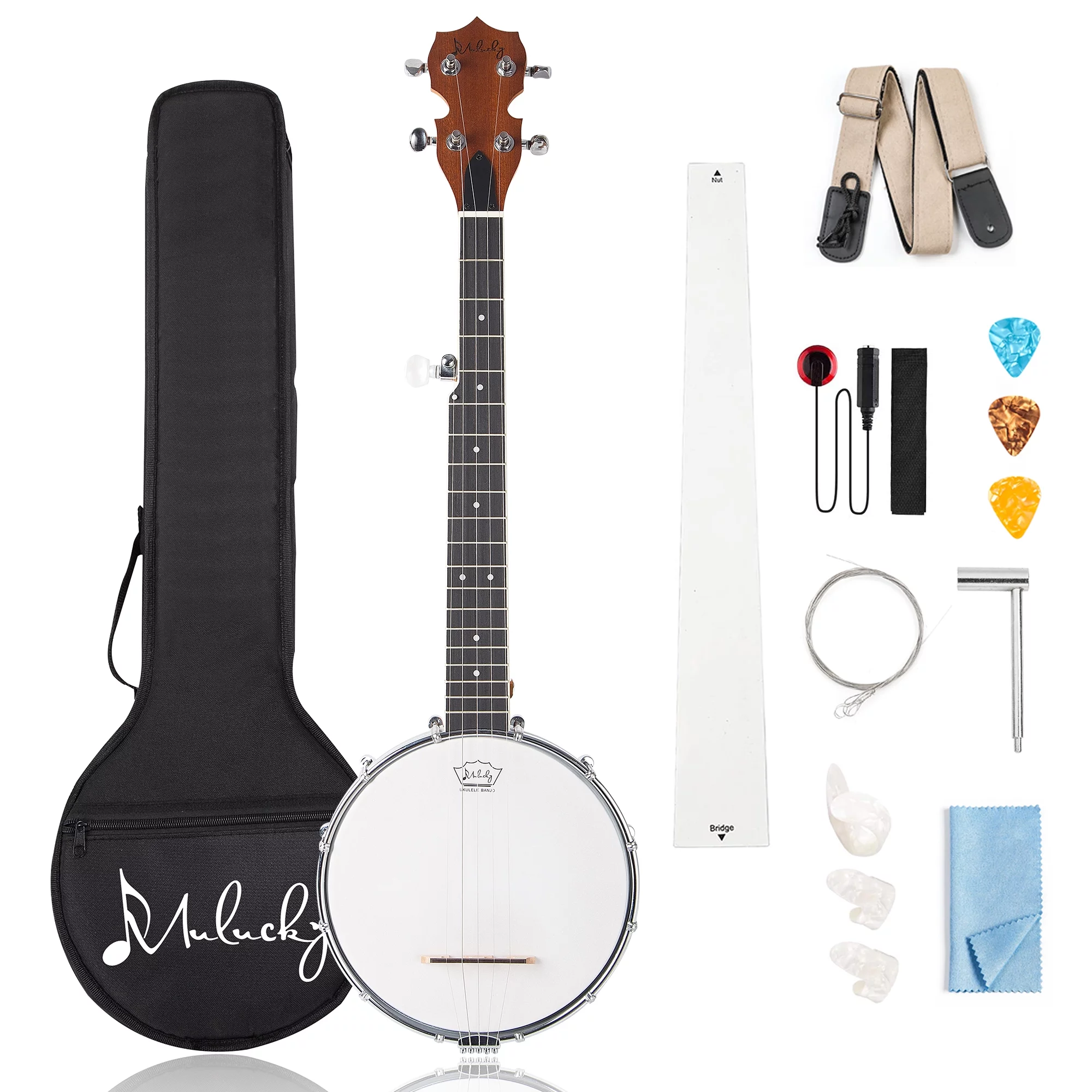 Mulucky 5 String Banjo Mini - 28 Inch Travel Banjo Sapele Body Closed Solid Back Beginner Kit With Gig Bag Tuner Picks Strings Strap - B806