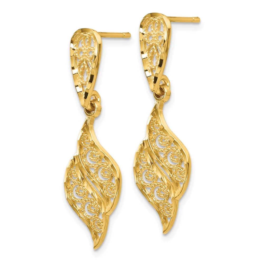 Primal Gold 14 Karat Yellow Gold Polished and Diamond-Cut Filigree Swirl Dangle Post Earrings