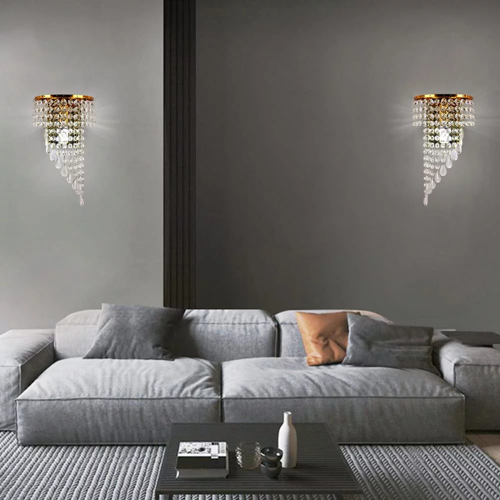 FRIXCHUR Modern Crystal Raindrop Wall Lights 2 Pack Led Wall Light Sconce Fixture Crystal(Gold)