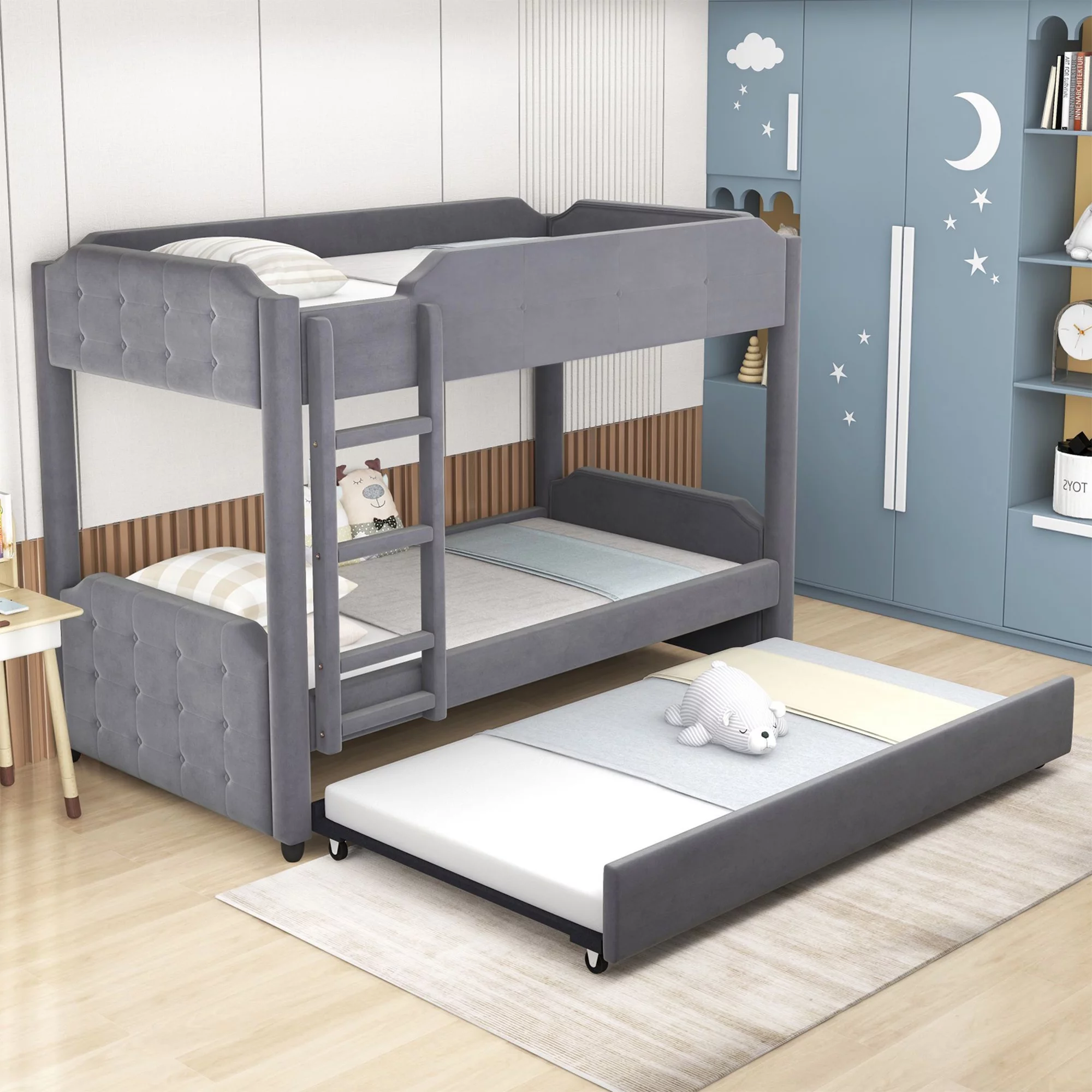 EUROCO Twin over Twin Upholstered Bunk Bed with Trundle, Gray