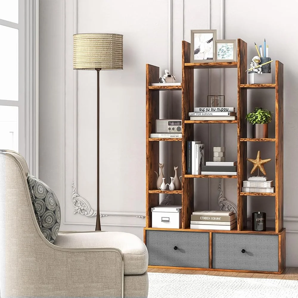 ZFGSUIJN 5-Cube Bookcase with 2 Drawers - Industrial Freestanding Open Display Shelving with Anti-toppling Device  7  Shelves  Wooden Tree Shaped Bookshelf  Room  Rustic Brown
