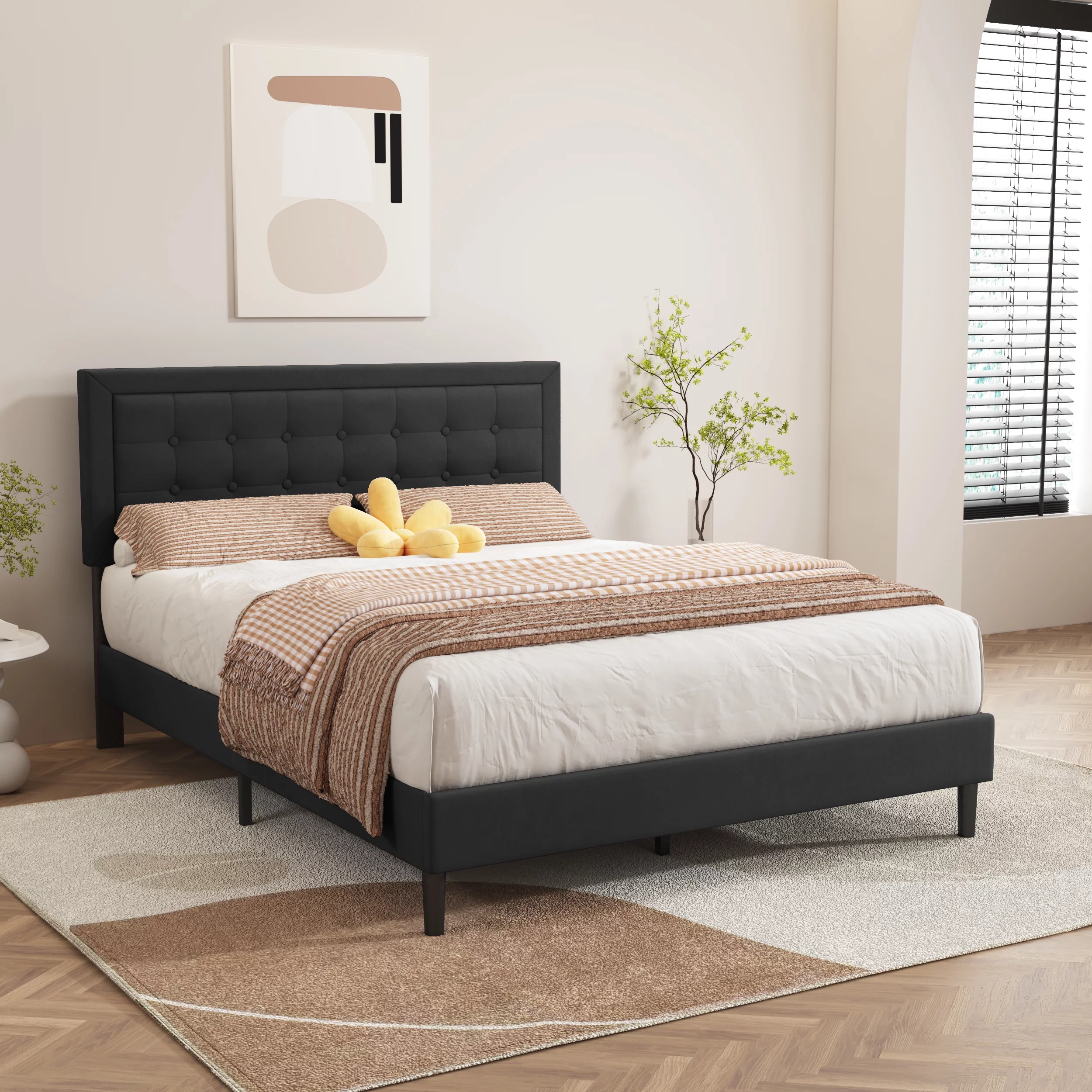 alazyhome Upholstered Platform Bed Frame Queen Size with Headboard Steel Slat Support, Easy Assembly, Black