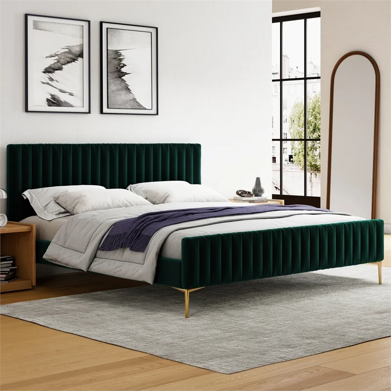 Omax Decor Julia Upholstered Fabric King Platform Bed in Green Velvet