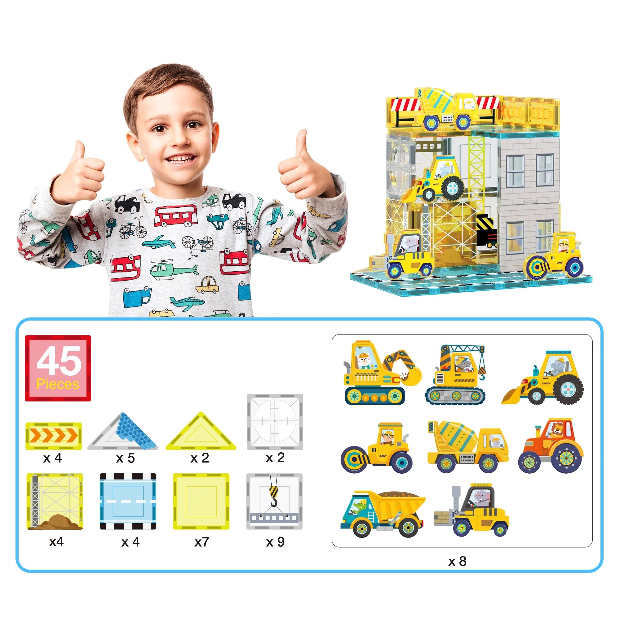 PicassoTiles 45 PC Construction Themed, Magnetic Tiles, Magnetic Building Blocks for Kids, Magnet for Kids 3+