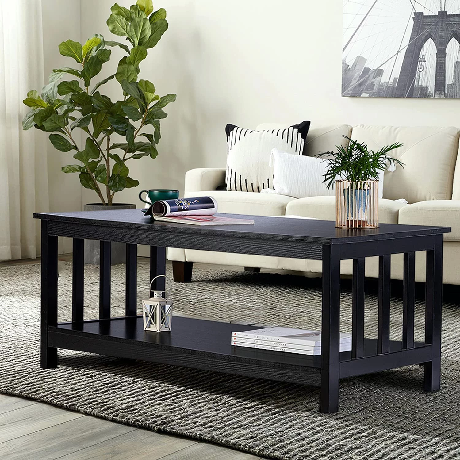 ChooChoo Black Coffee Table, Modern Living Room Table with Shelf Medium Density Fiberboard, 40 Inch