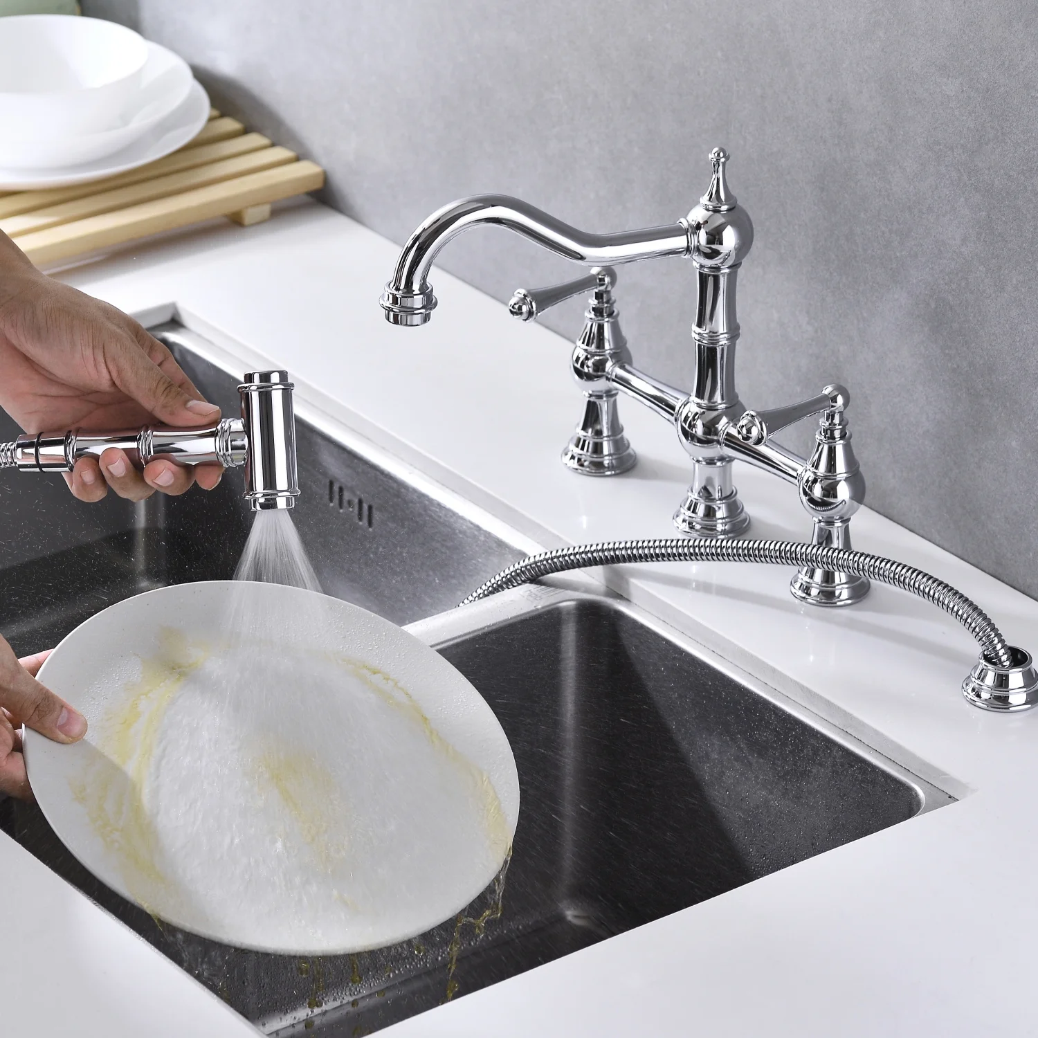 DremFaryoyo Bridge Dual Handles Kitchen Faucet With Pull-Out Side Spray in
