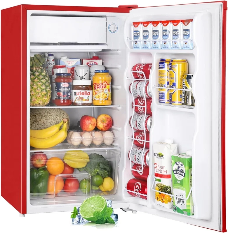 3.2 Cu.Ft Mini Fridge with Freezer, Single Door Mini Fridge, Adjustable Thermostat, Mini Refrigerator for Bedroom, Office, Dorm, Red