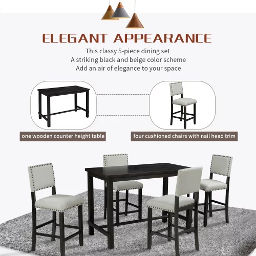 Wulawindy 5-Piece Counter Height Dining Set, Classic Elegant Table and 4 Chairs in Black and Beige