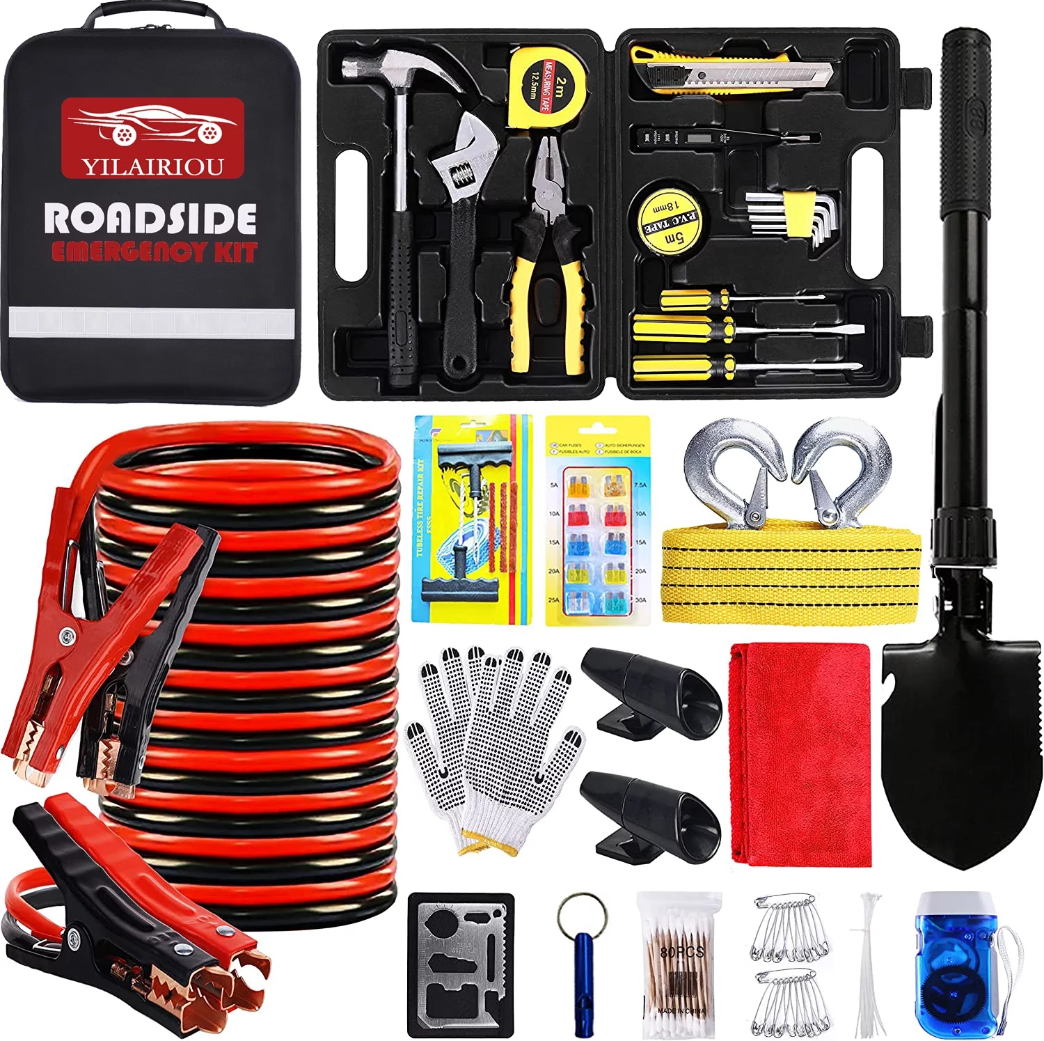 YILAIRIOU Car Emergency Roadside Kit - Auto Vehicle Safety Road Side Assistance Kits Jumper Cables Set