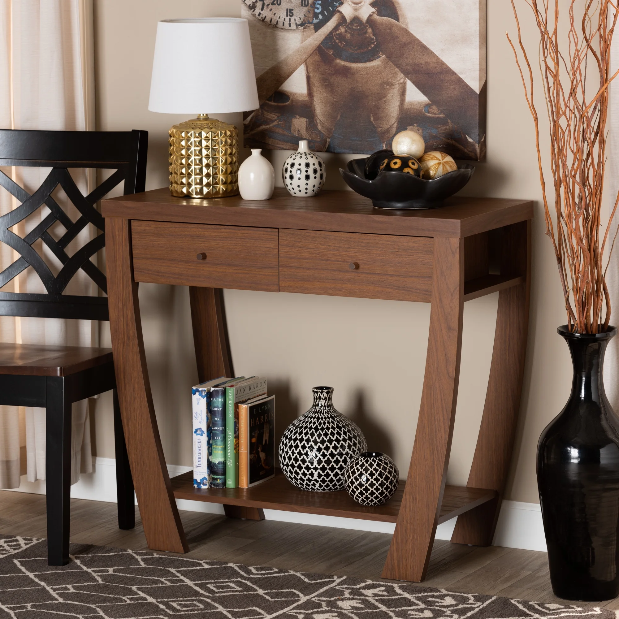 Baxton Studio Capote Modern Wood 2 Drawer Console Table, Walnut