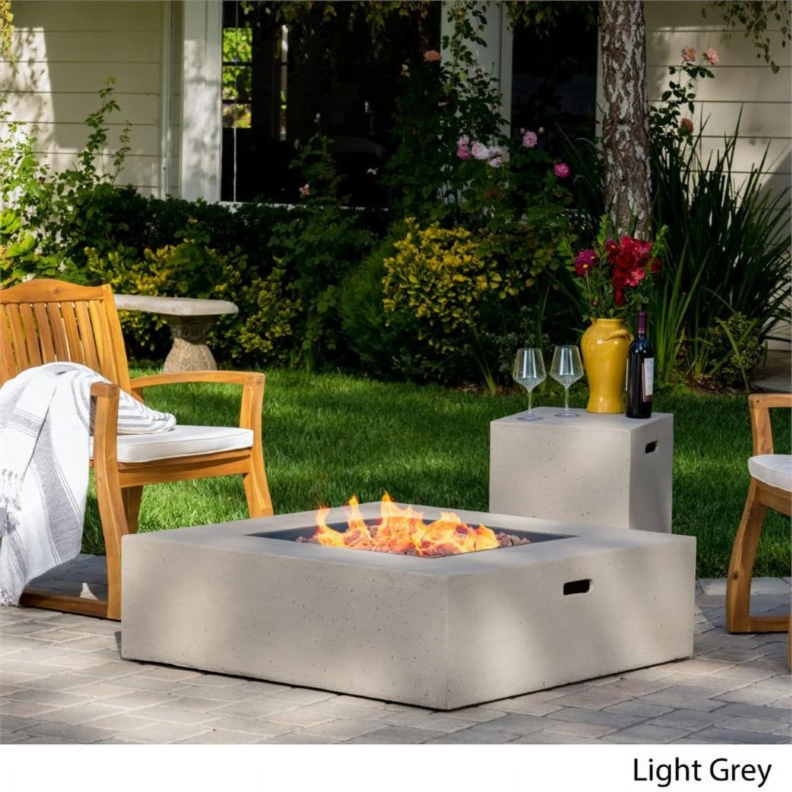 Noble House Aidan Square Gas Fire Pit Table with Tank Holder in Light Gray