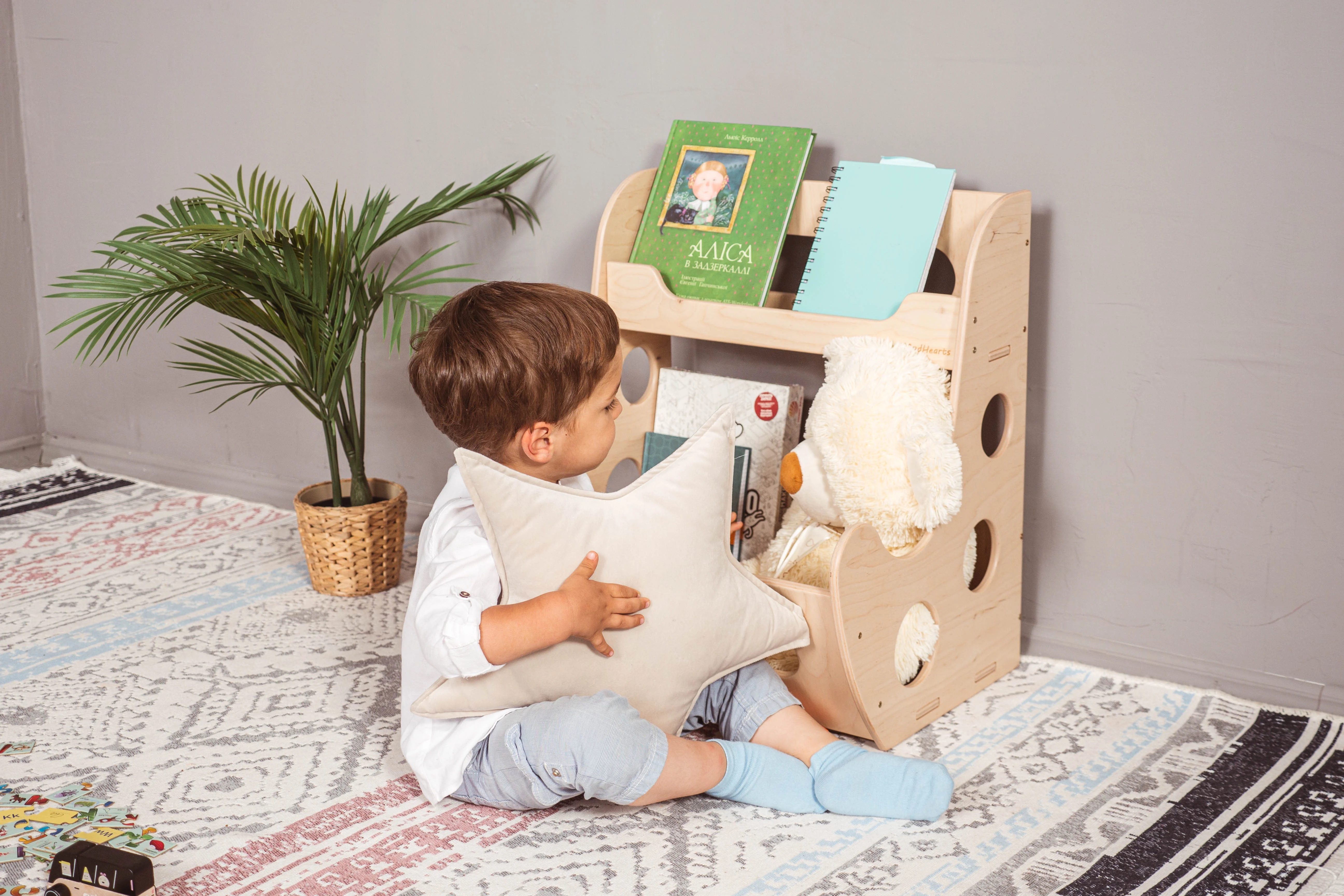 Woodandhearts Open Toddler Bookcase, Children Toy Shelf, Kids Bookshelf Organizer, Montessori Furniture for Nursery, Baby Book Shelves for Kids 1-6 years