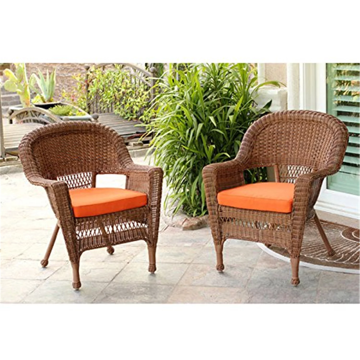 Honey Wicker Chair with Orange Cushion- Set of 4