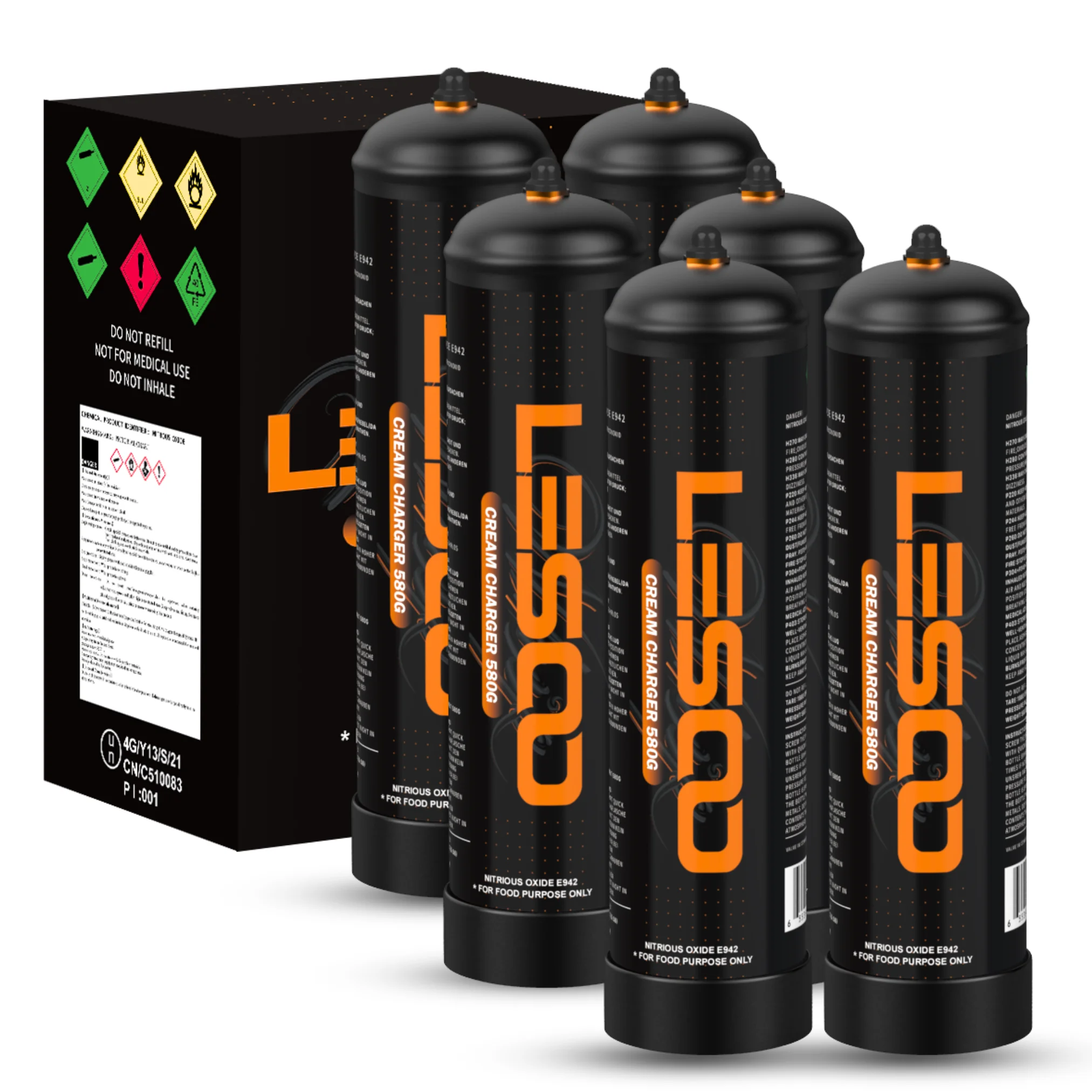 LesooWhip 615g Whipped Cream Charger 1 Box Pure N2O Tank 0.99 Liter Nitrous Oxide Cylinders with Most Cream Whippers (6 cylinders)