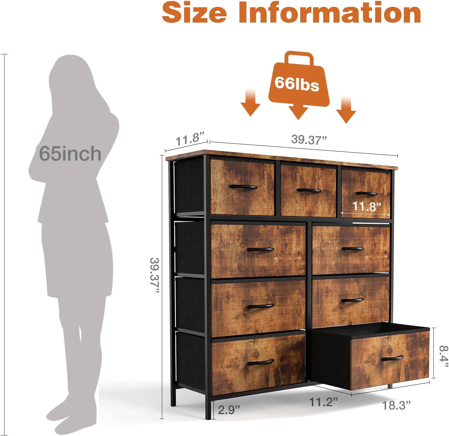 Dresser, Dresser for Bedroom, Storage Drawers, Tall Fabric Storage Tower with 9 Drawers, Chest Organizer Unit with Steel Frame, Wooden Top for Kids Room, Closet, Entryway, Nursery