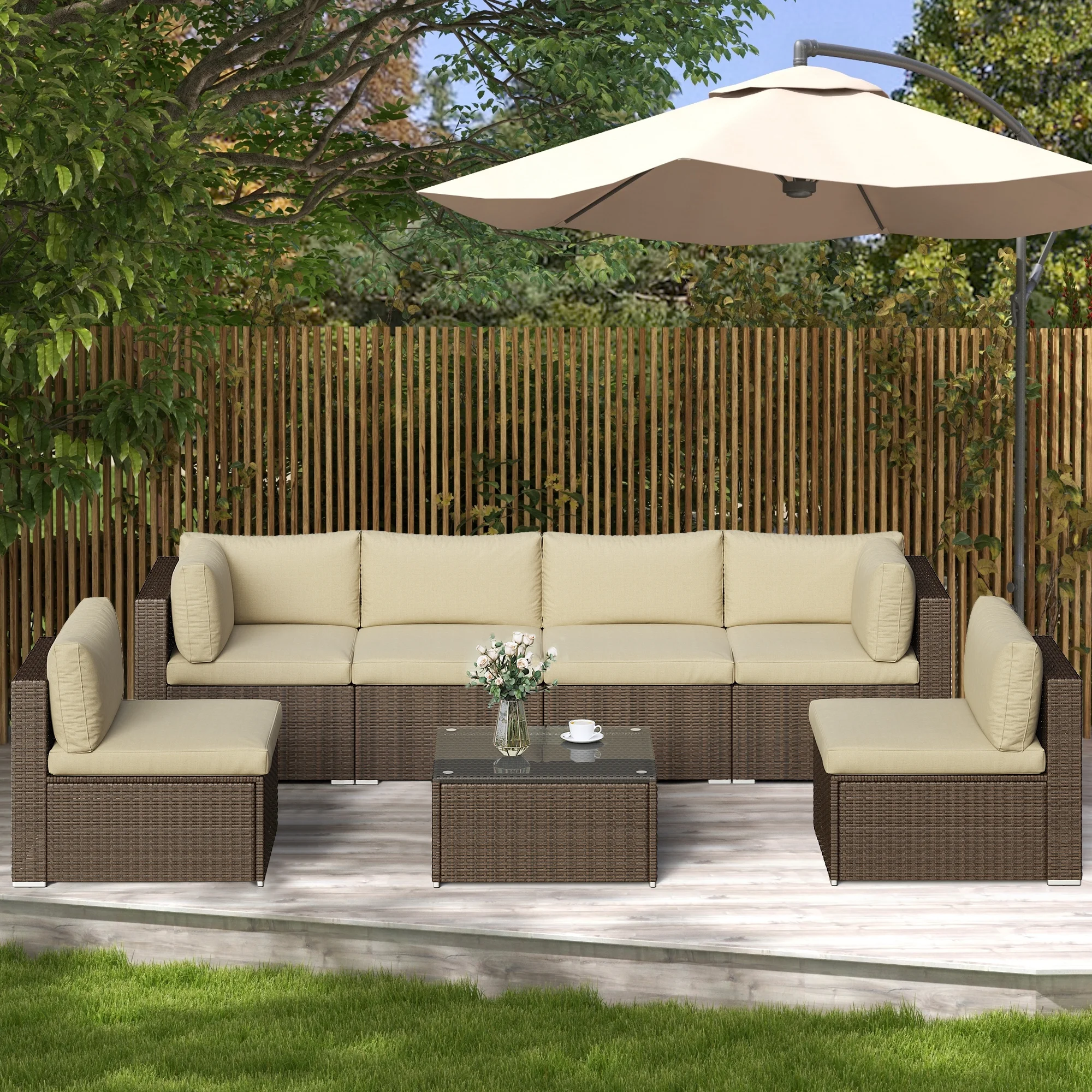 Royalcraft 7 Pieces Outdoor Sectional Sofa Set All-Weather Rattan Conversation Set with Table, Beige