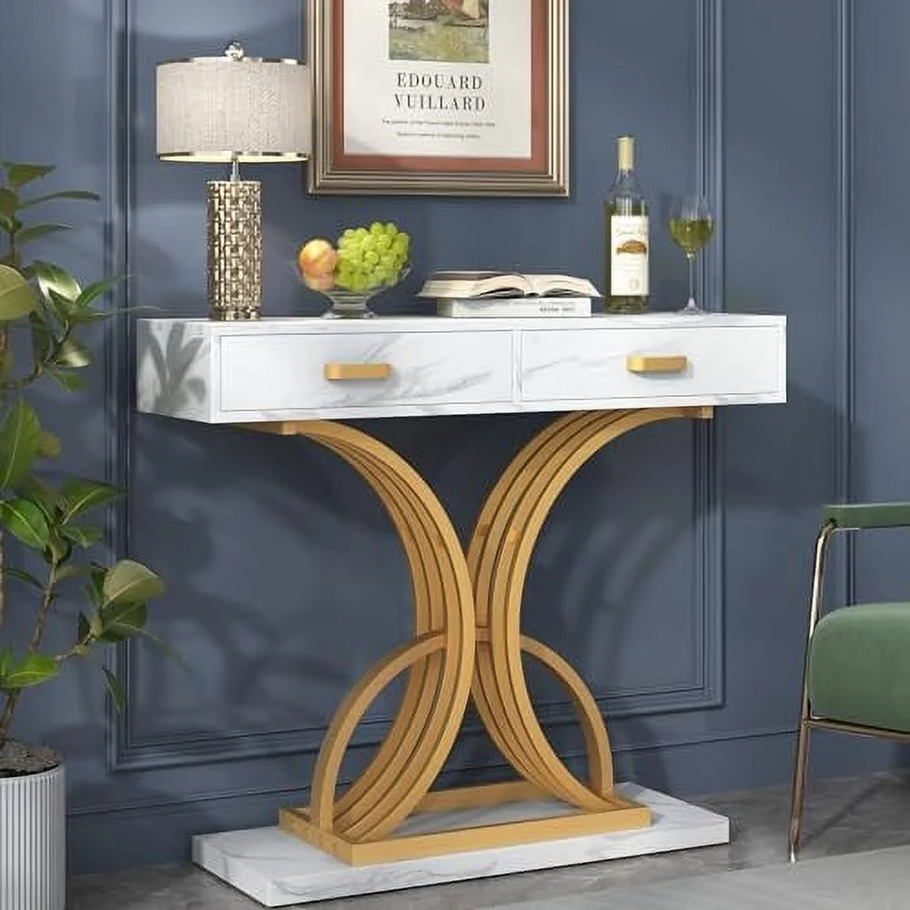 MQLIFEBOOM White Gold Console Table with Two Drawers  39 Inches Modern Entryway Table with   Faux Marble Tabletop Hallway Table with Geometric Gold Legs