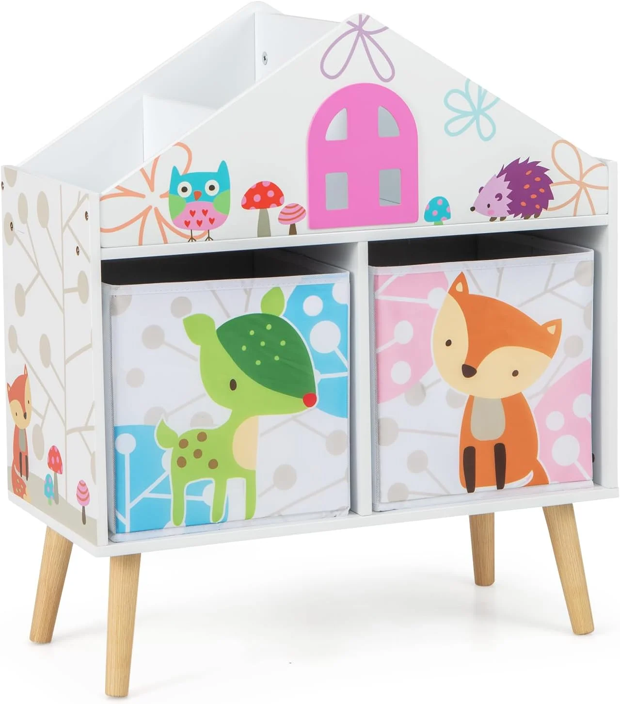 Kids Bookshelf, Wooden Toy Storage Display Organizer with 2 Fabric Bins, Montessori Shelf for Toddlers, 2-Tier Dollhouse Children’s Bookcase for Kids Room, Playroom, Nursery (White)