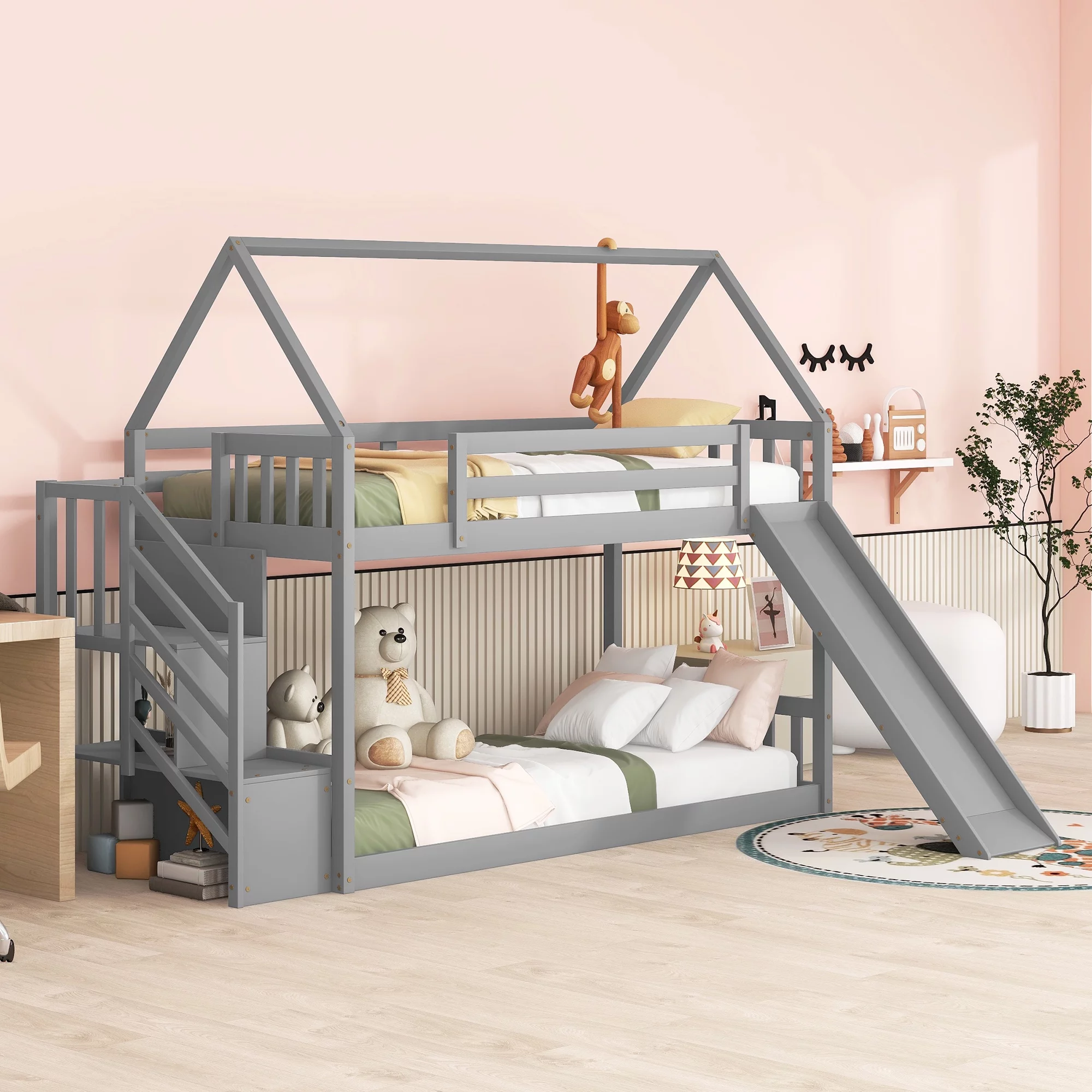 House Bunk Bed Twin Over Twin, Low Kids Floor Bunk Bed with Stairs and Slide, Wooden Twin Loft Bed for Kids Girls Boys,Grey