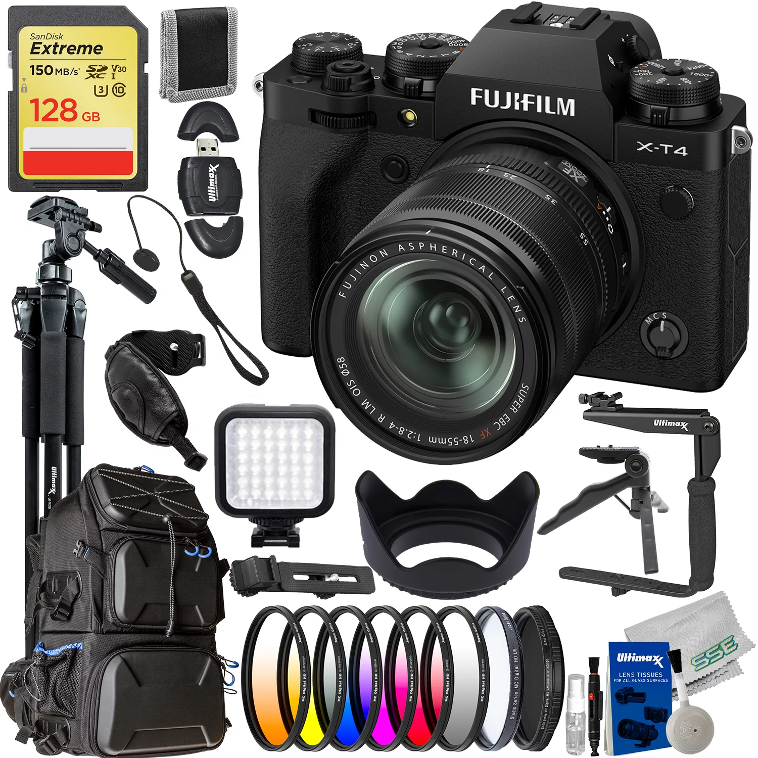 FUJIFILM X-T4 Mirrorless Camera with 18-55mm Lens (Black) with Deluxe Accessory Bundle: SanDisk 128GB Extreme SDXC, 180° Flash Bracket, Deluxe Camera Backpack, Lightweight 72” Tripod & Much More