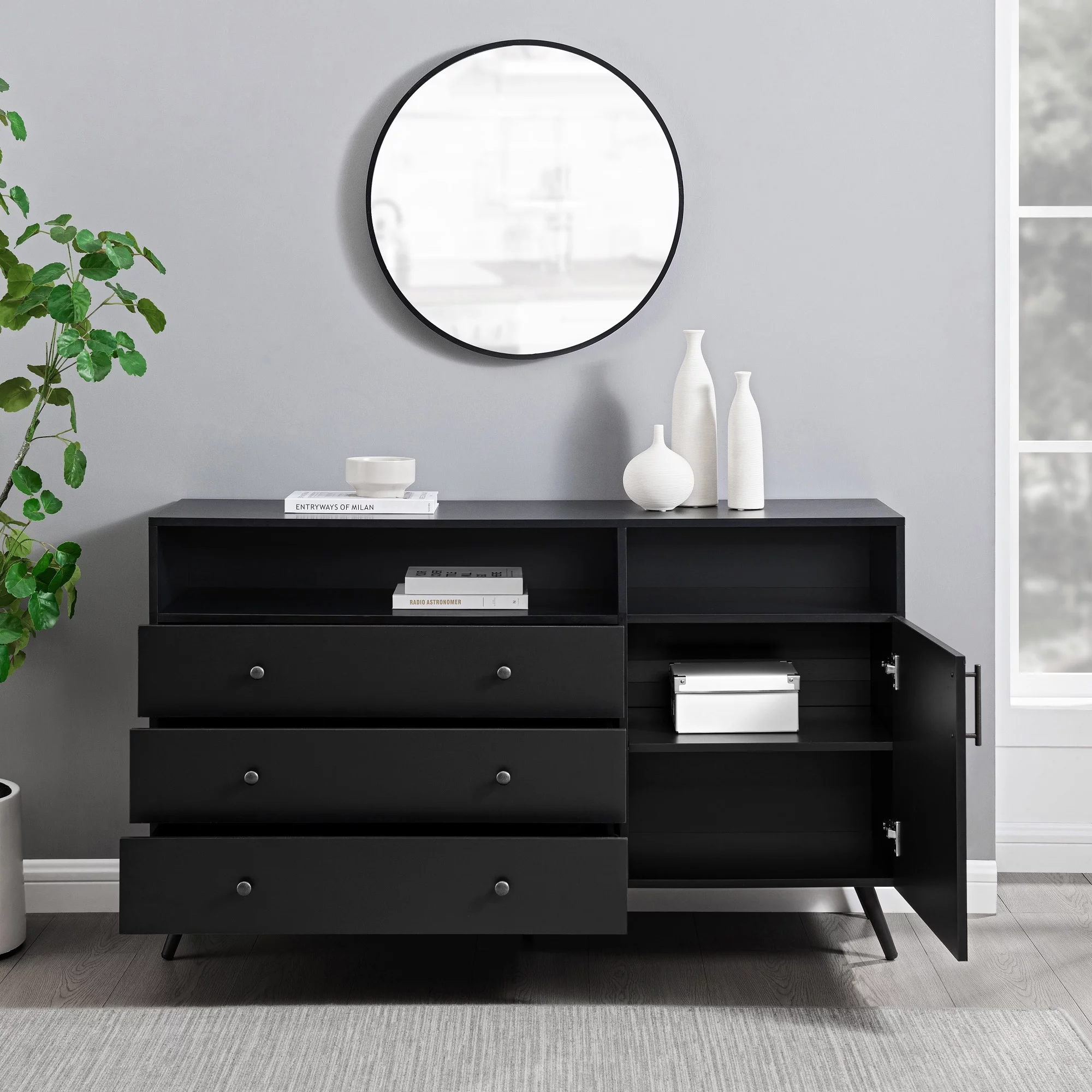 Walker Edison Mid-Century Modern 3-Drawer Sideboard, Solid Black