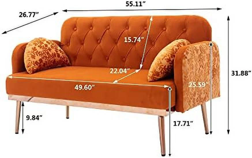 MQLIFEBOOM 55" Small Velvet Couch with Elegant  Shape Pillows  Twin Size Loveseat Accent Sofa with Golden Metal Legs  Living Room Sofa with Tufted Backrest  600 Pounds Weight Capacity