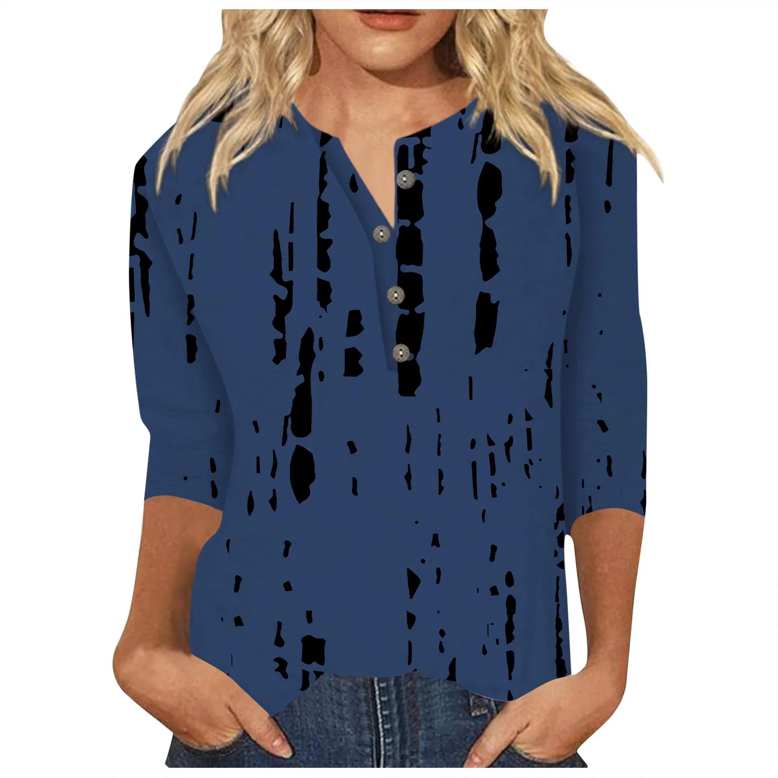 Women's Casual Loose Printed Button Three Quarter Sleeve T Shirt Top