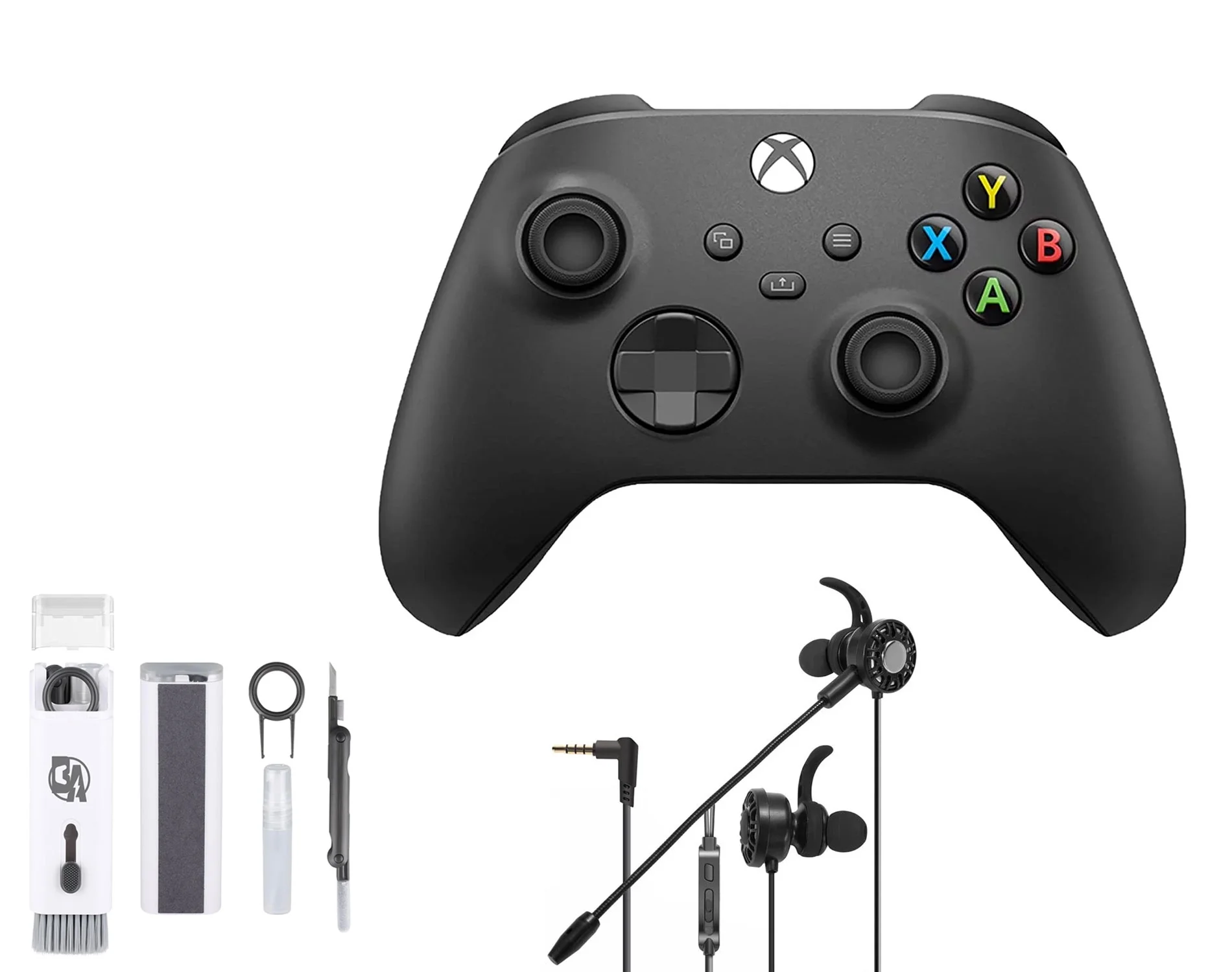 Microsoft Xbox Wireless Carbon Black Controller for Xbox Console + Wired Earbuds With Cleaning Kit BOLT AXTION Bundle Like New