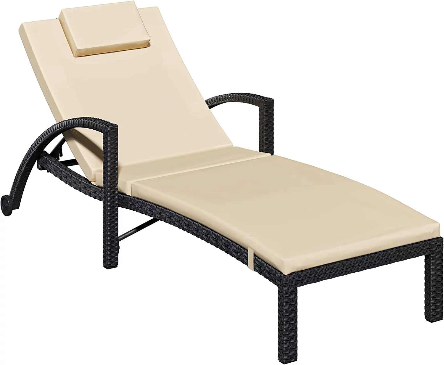 Dextrus Outdoor Chaise Lounge Chairs, PE Rattan Wicker Patio Pool Loungers with Adjustable Backrest, Arm, Cushion, Pillow and Wheels for Poolside Backyard Porch Garden Beach (1, Black)