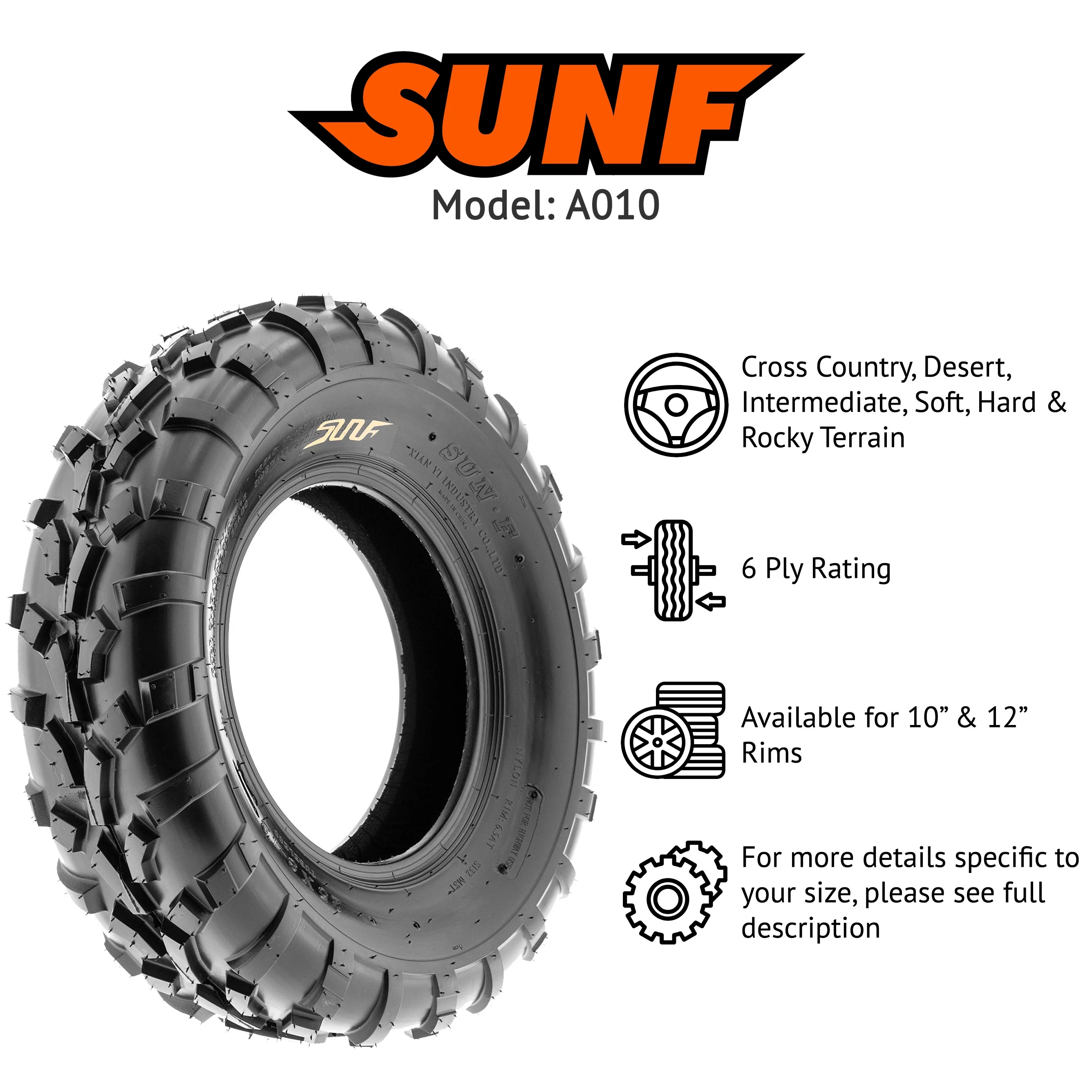 SunF All Trail ATV UTV Tires 25x8-12 6 PR & 25x10-12 6 PR A010 (Complete Full Set of 4)