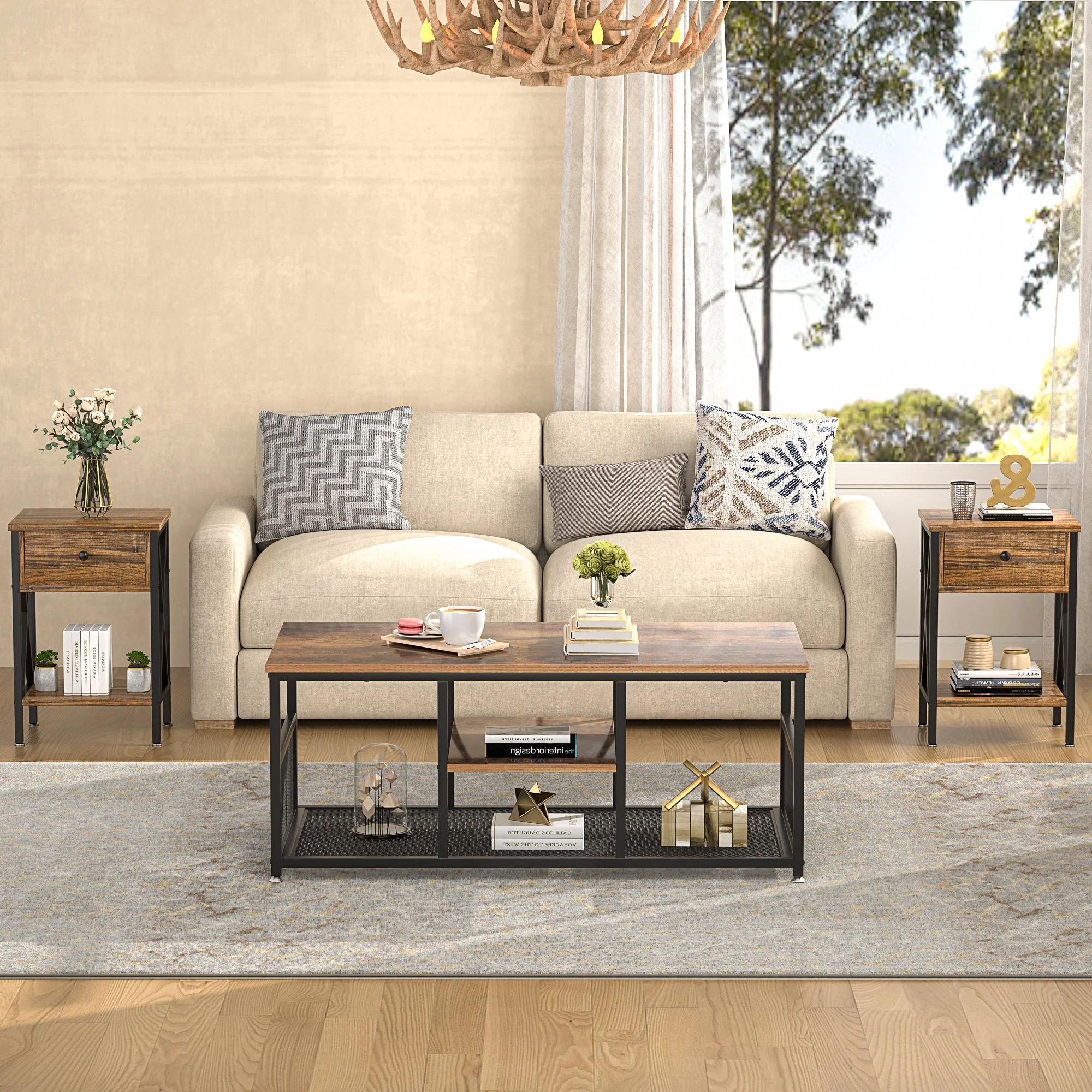 VECELO 3-Piece Coffee Table Set for Living Room, Industrial Coffee Table and 2 Foldable TV Tray Tables, Brown