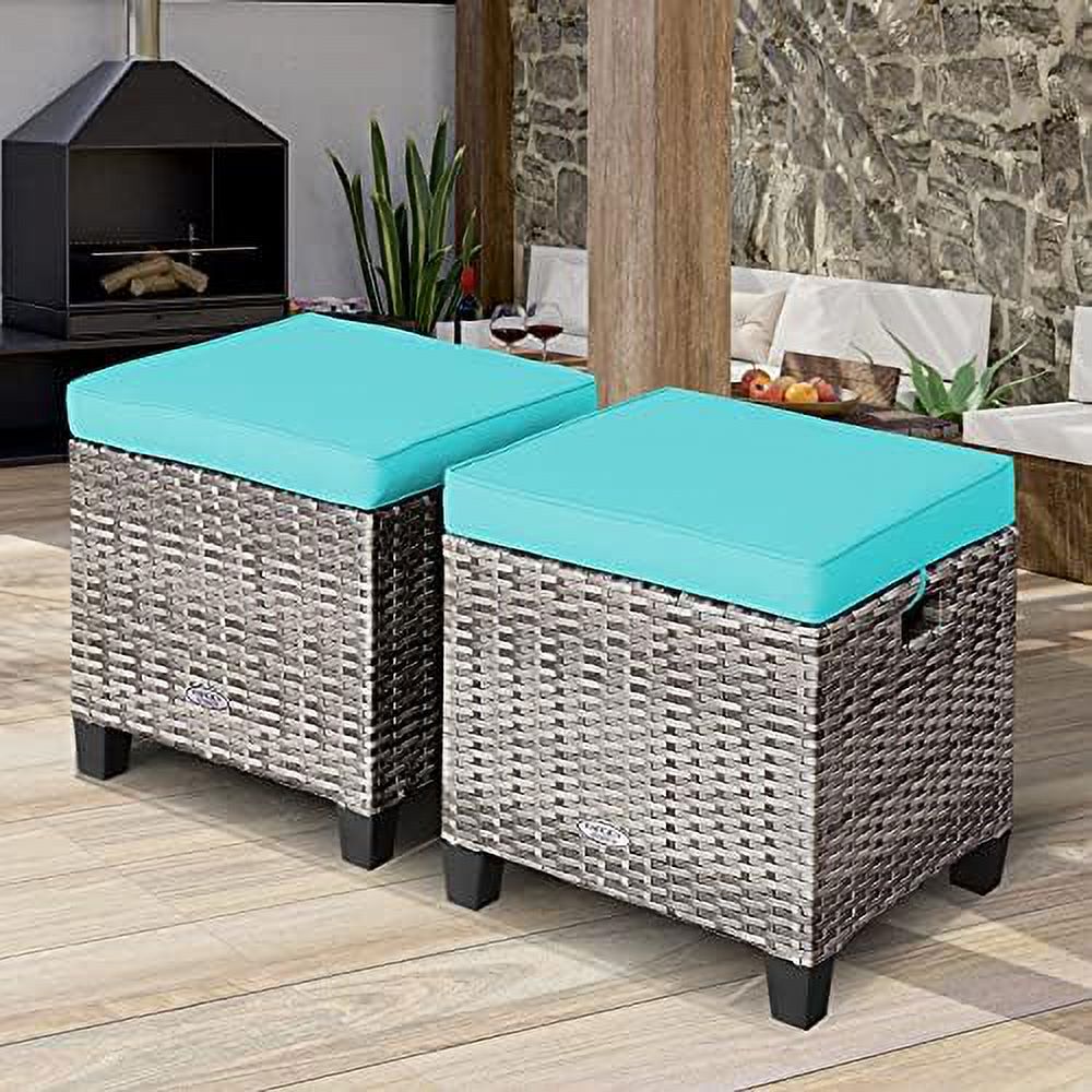 ZFGSUIJN 2 Pieces Outdoor Patio Ottoman  All Weather Rattan Wicker Ottoman Seat  Patio Rattan   Outdoor Footstool Footrest Seat w/Removable Cushions