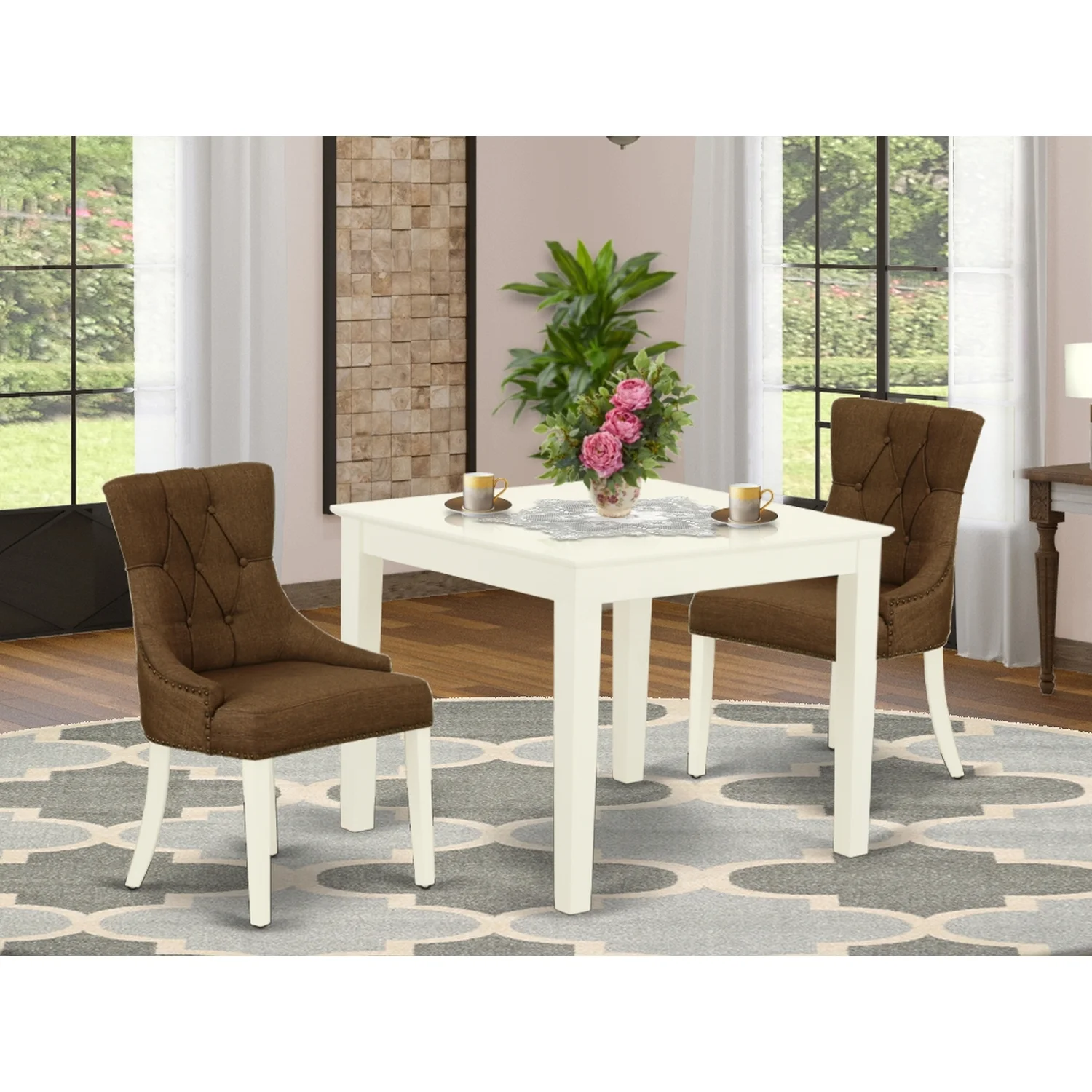 HomeStock Vintage Vogue 3Pc Dinette Set Includes A Square Kitchen Table And Two Parson Chairs With Dark Coffee Fabric, Linen White Finish