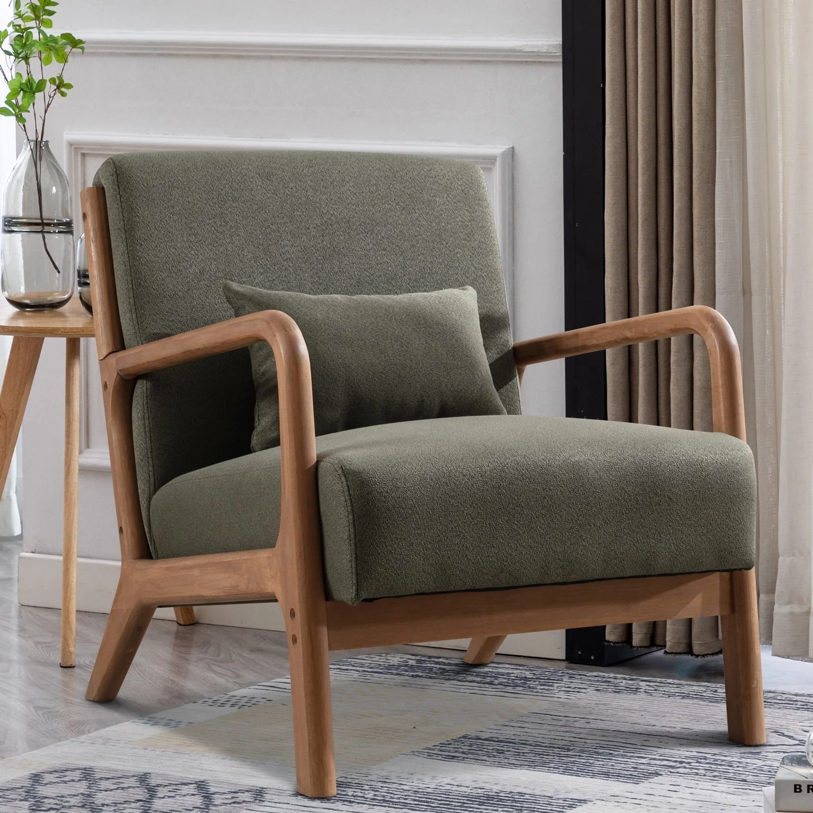 Bonzy Home Mid Century Modern Accent Chair, Single Fabric Lounge Reading Armchair with Solid Wood Frame, Easy Assembly Arm Chairs for Living Room,GREEN