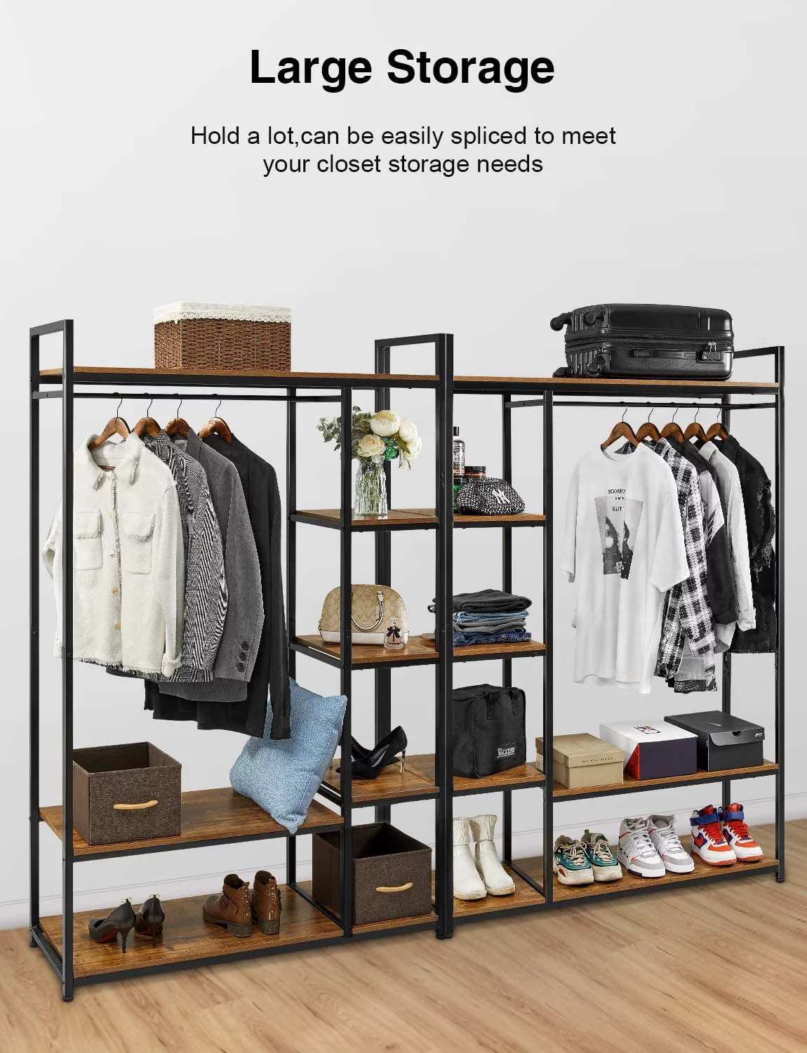 Homfa Clothes Rack, 47.24'' Wardrobe Closet, Freestanding Garment Rack with Shelves, Brown