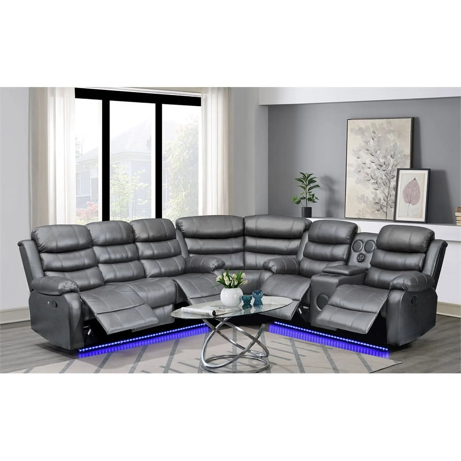 Bowery Hill Modern LED Faux Leather Reclining Sectional in Gray