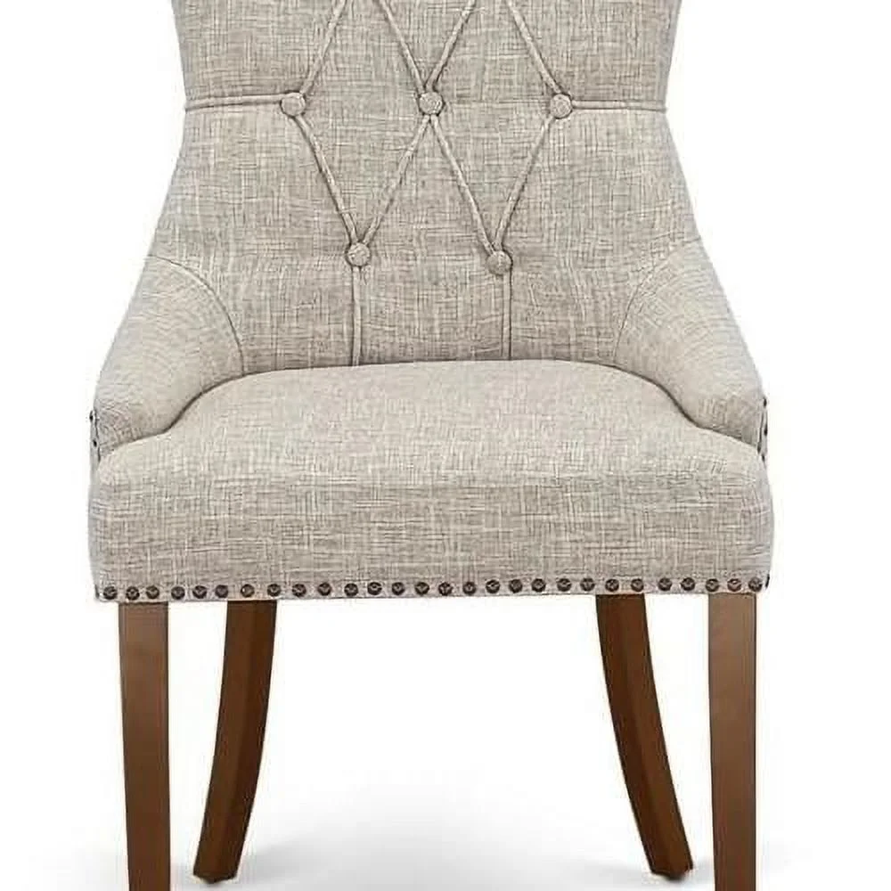FRP3T05 Friona Parson Dining Chairs - Button Tufted Nailhead Trim Doeskin Linen Fabric Upholstered Chairs, Set Of 2, Mahogany