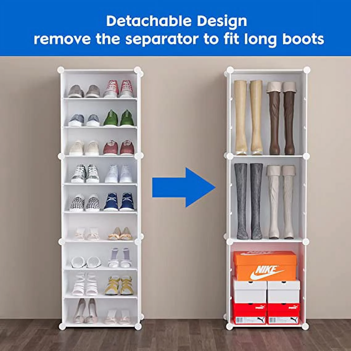 Shoe Rack Storage Cabinet with Doors, key Holders, Expandable Standing Rack, Portable Shoes Organizer, Storage 36-72 Pairs Shoes, Boots, Slippers (White)