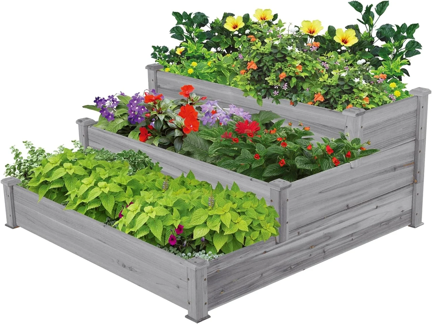 3 Tier 47 x 47 x 22in Raised Garden Bed Horticulture Outdoor Elevated Flower Box Tiered Garden Bed Wooden Vegetables Growing Planter for Backyard/Patio/Gardener, Gray