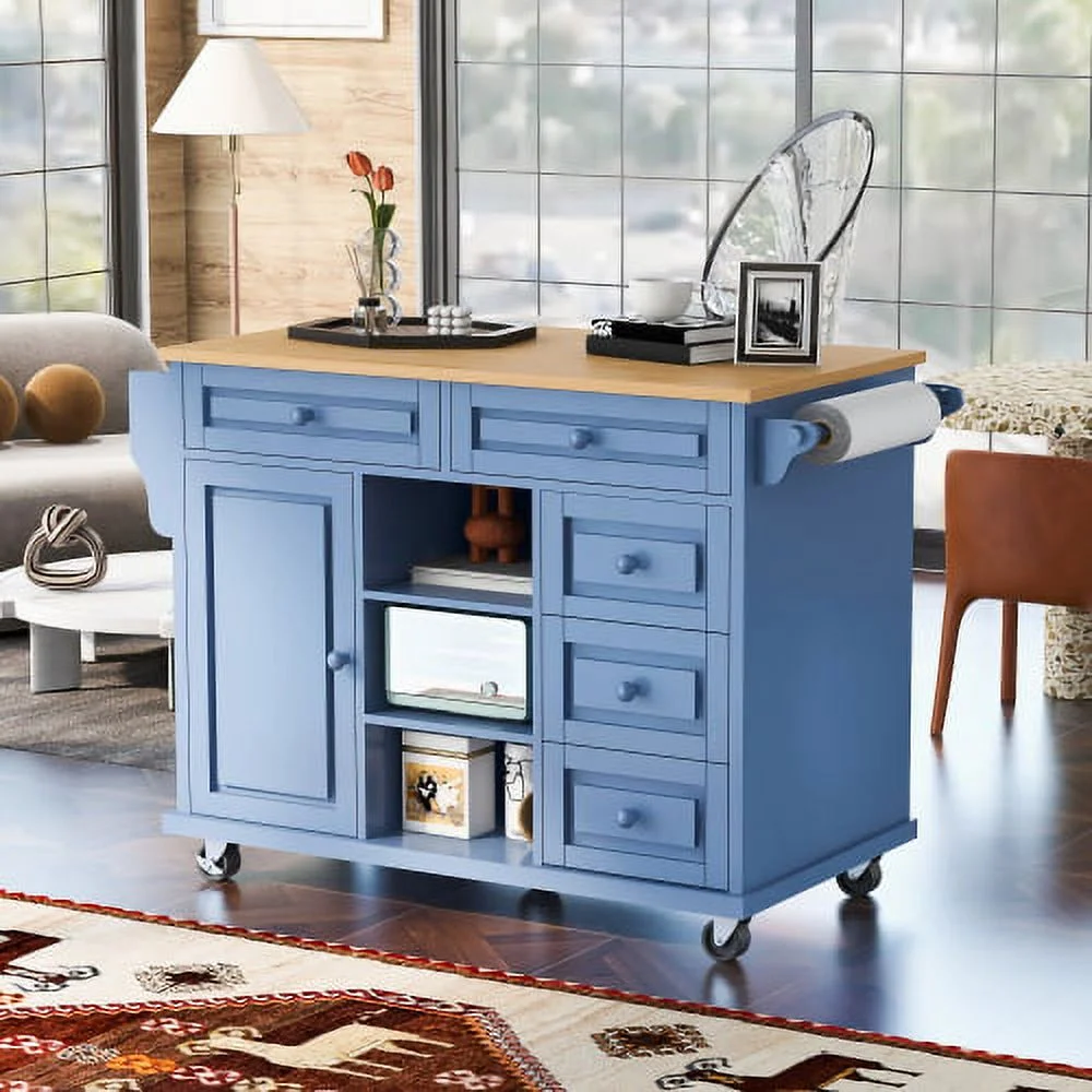 Kitchen Cart With Rubber Wood Desktop Rolling Mobile Kitchen Island With Storage And 5 Draws 53 Inch Length (Blue)
