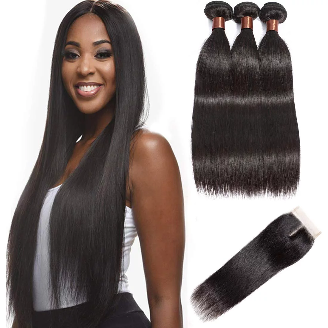 Brazilian Straight Virgin Hair 3 Bundles With FREE Closure Middle Part 10