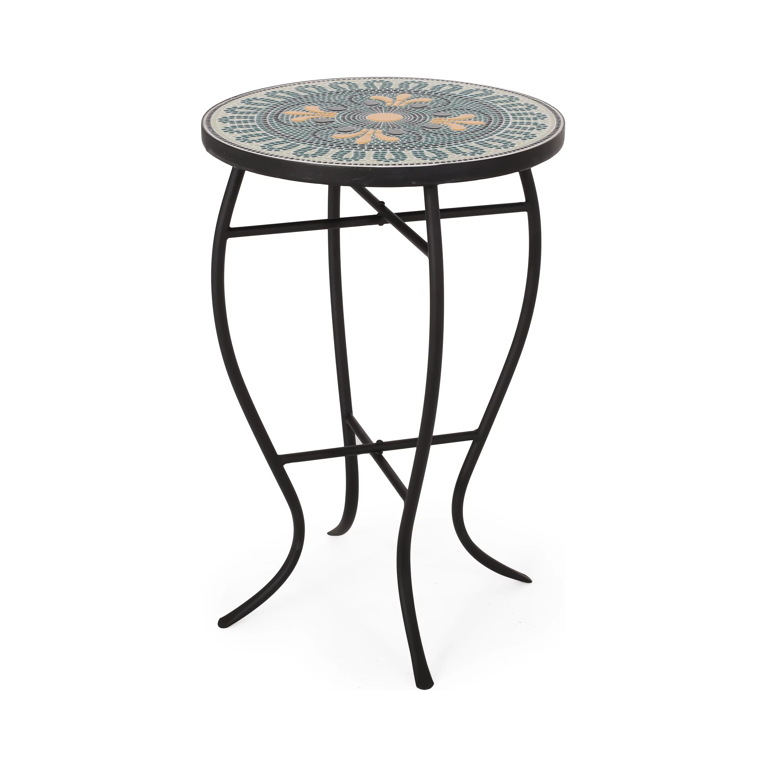 Jaki Outdoor Side Table with Tile Top, Teal, Yellow, and Black