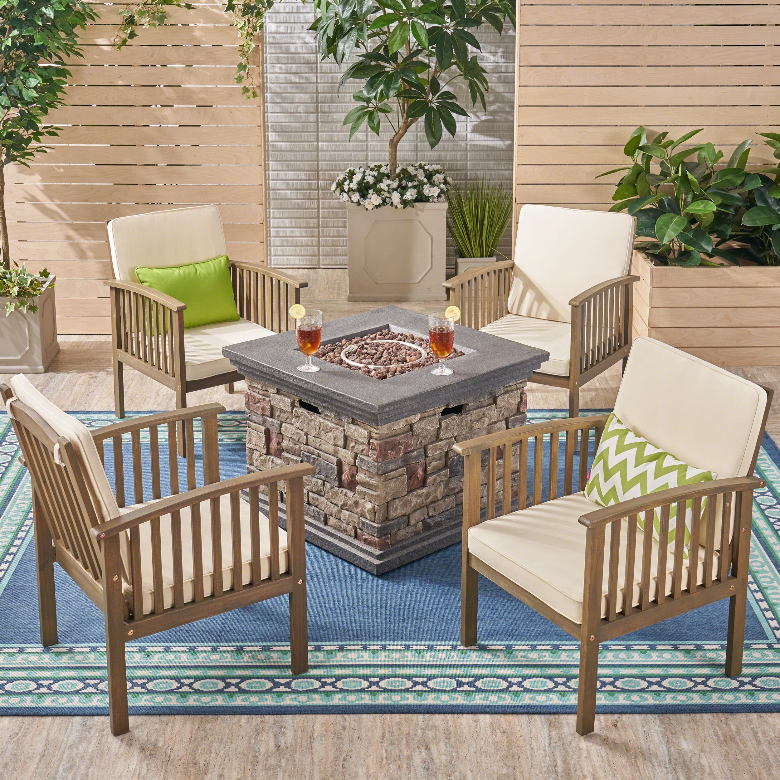 GDF Studio Callade Outdoor Acacia Wood 5 Piece Club Chair and Fire Pit Set with Cushions, Gray, Cream, and Stone Finish