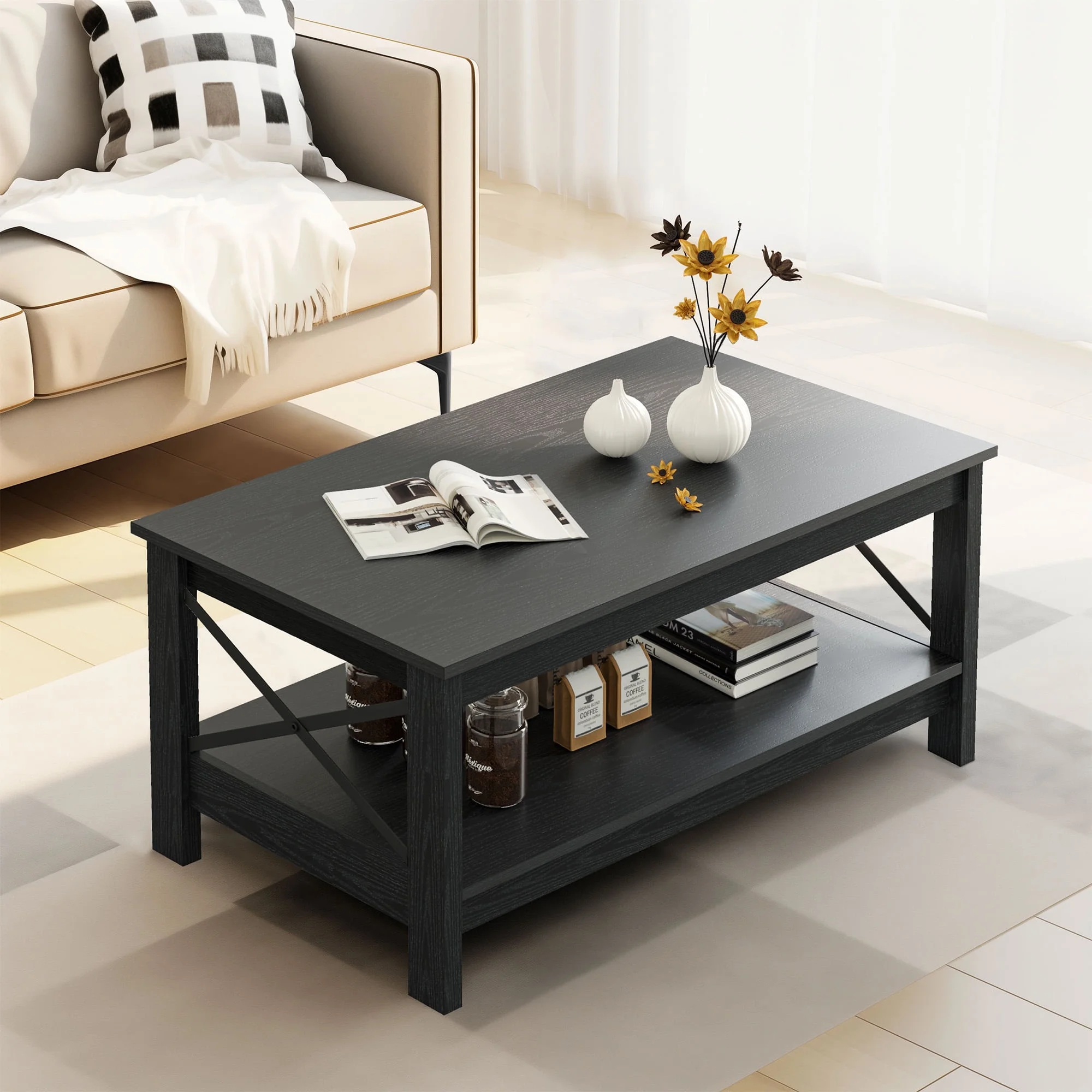 DEXTRUS Farmhouse Coffee Table 2-Tier Wood Center Table with Storage Shelf for Living Room, Black