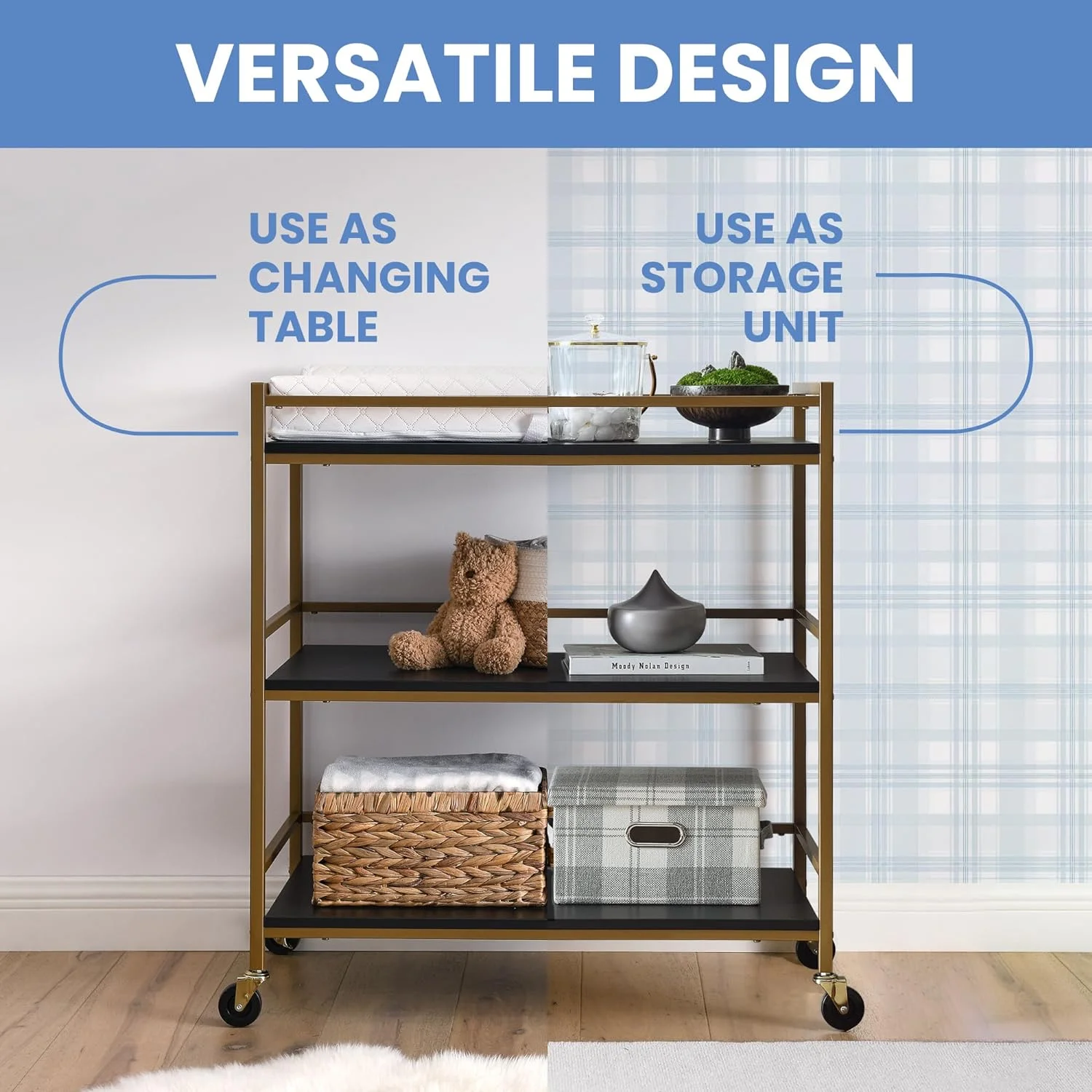 HYUN Jade Changing Table/Cart, Ebony Melamine/Bronze